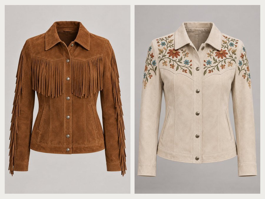 Western Leather design renders: fringe suede jacket and hand-embroidered suede jacket