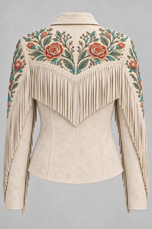Desert Rose Beaded Jacket in Bone lamb suede, back view with beaded yoke and fringe