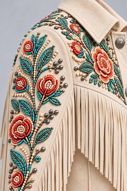 Close-up of hand-beaded roses and sage leaves on the Desert Rose Beaded Jacket