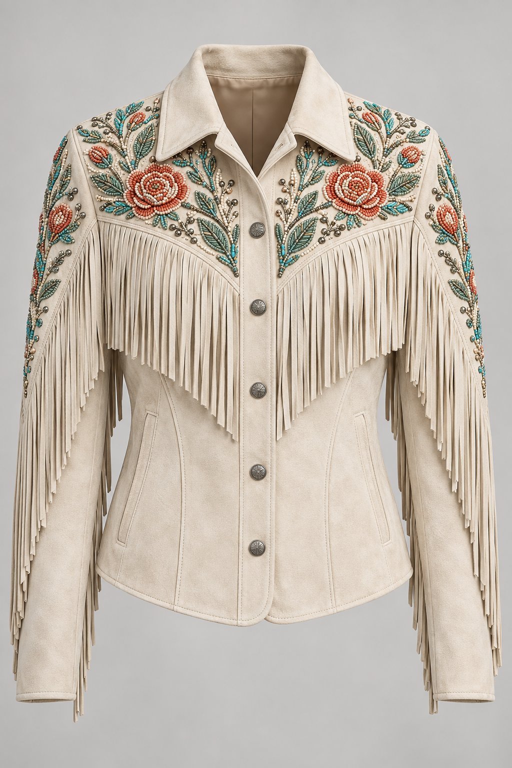 Desert Rose Beaded Jacket in Bone lamb suede, front view with hand-beaded rose yoke and long fringe