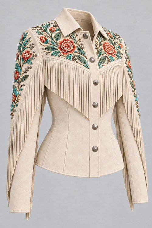 Desert Rose Beaded Jacket in Bone lamb suede, three-quarter view of the beaded shoulder and sleeve fringe