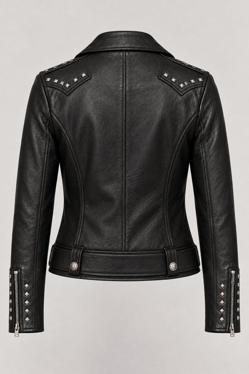 Studded Concho Moto Jacket in Black lamb nappa, back view with studded yoke