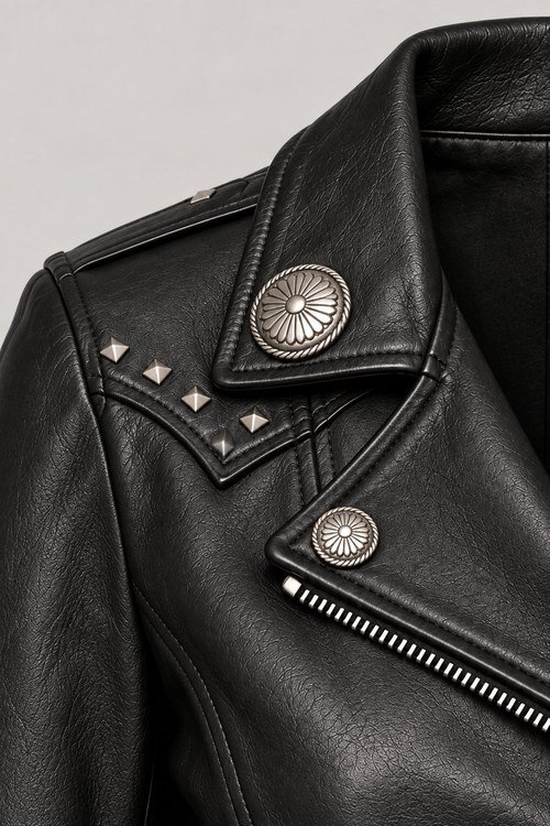 Close-up of silver-tone conchos and studs on the Studded Concho Moto Jacket's collar