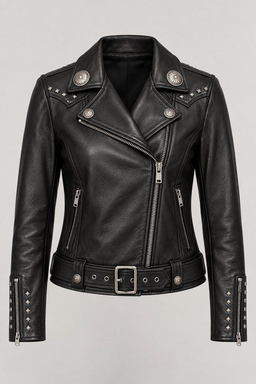 Studded Concho Moto Jacket in Black lamb nappa, front view with asymmetric zip, conchos and belted hem