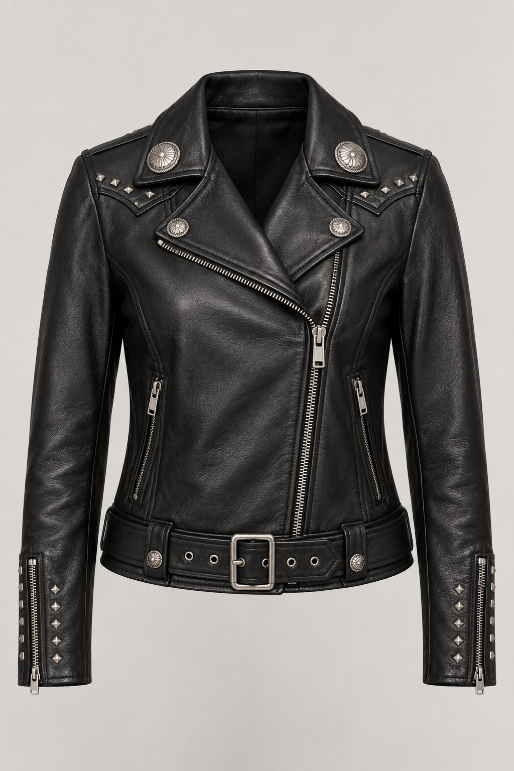 Studded Concho Moto Jacket in Black lamb nappa, front view with asymmetric zip, conchos and belted hem