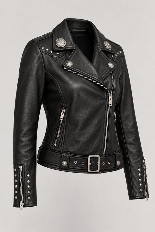 Studded Concho Moto Jacket in Black lamb nappa, three-quarter view showing studded zip cuffs