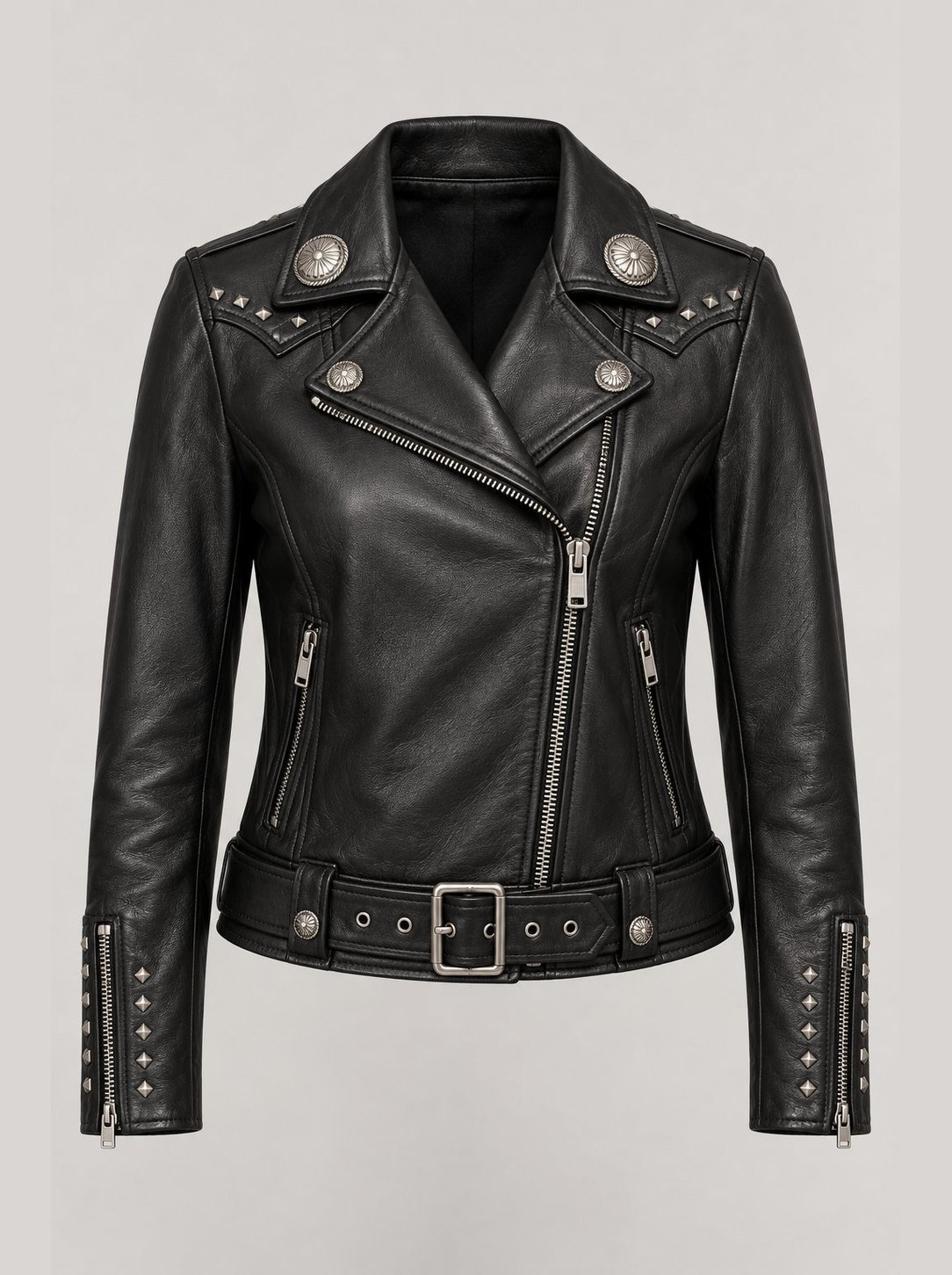 Studded Concho Moto Jacket — wholesale and private label by SAIREX Global (design render)