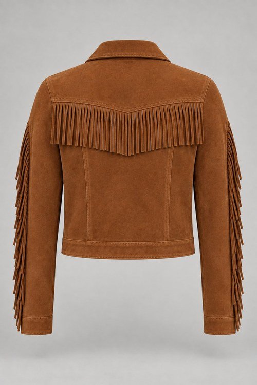 Cropped Fringe Suede Jacket in Cognac lamb suede, back view with short yoke fringe