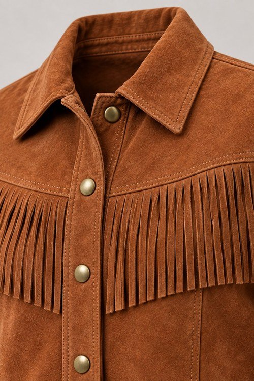 Close-up of the Cropped Fringe Suede Jacket's collar, snaps and yoke fringe