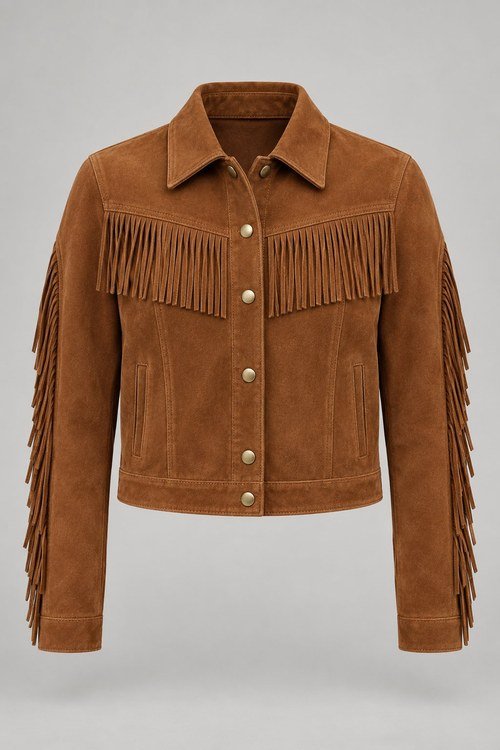 Cropped Fringe Suede Jacket in Cognac lamb suede, front view with waist-length hem and short yoke fringe
