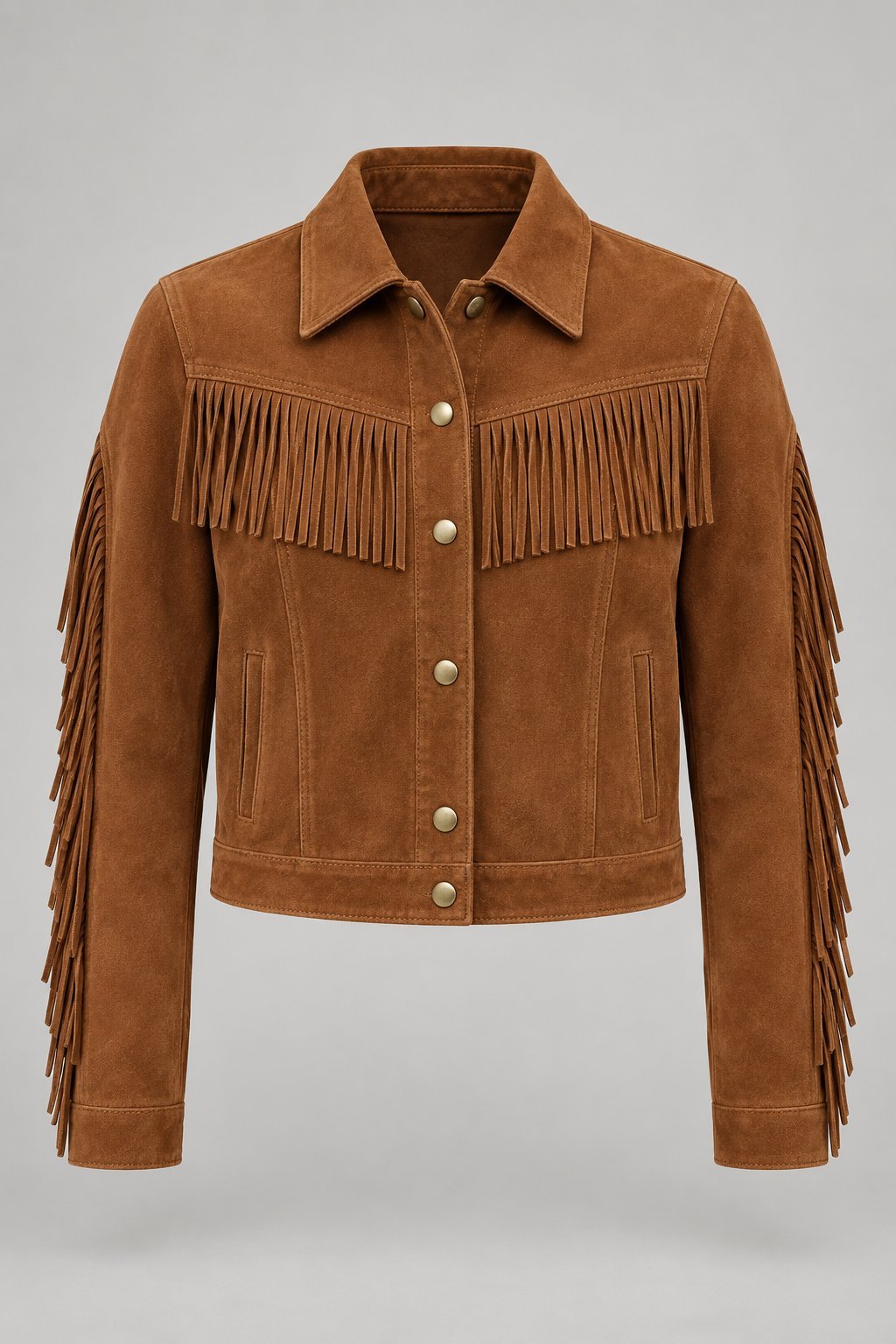 Cropped Fringe Suede Jacket in Cognac lamb suede, front view with waist-length hem and short yoke fringe