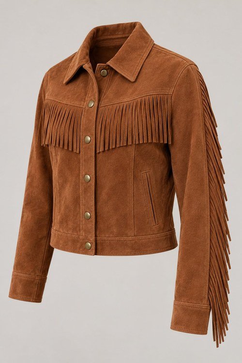 Cropped Fringe Suede Jacket in Cognac lamb suede, three-quarter view showing the fringed sleeve