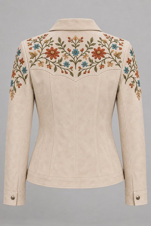 Hand-Embroidered Suede Jacket in Bone lamb suede, back view with embroidered yoke