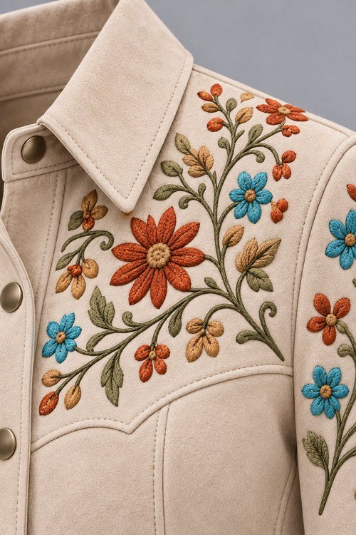 Close-up of hand chain-stitched wildflowers and vines on the Hand-Embroidered Suede Jacket
