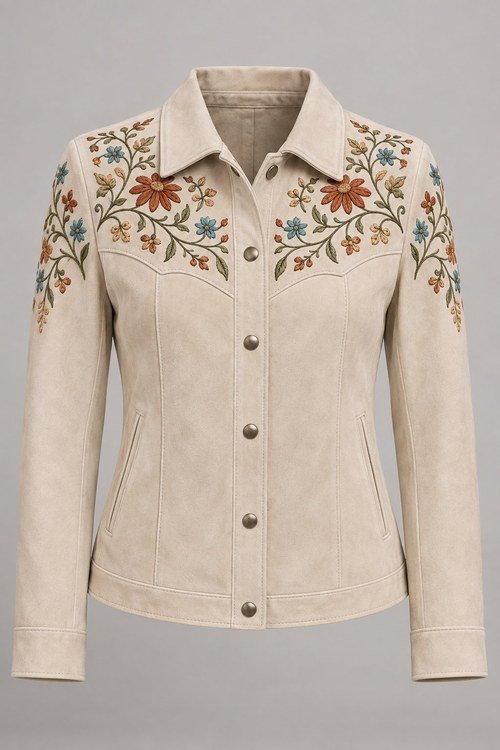 Hand-Embroidered Suede Jacket in Bone lamb suede, front view with floral chain-stitch embroidery on the yoke