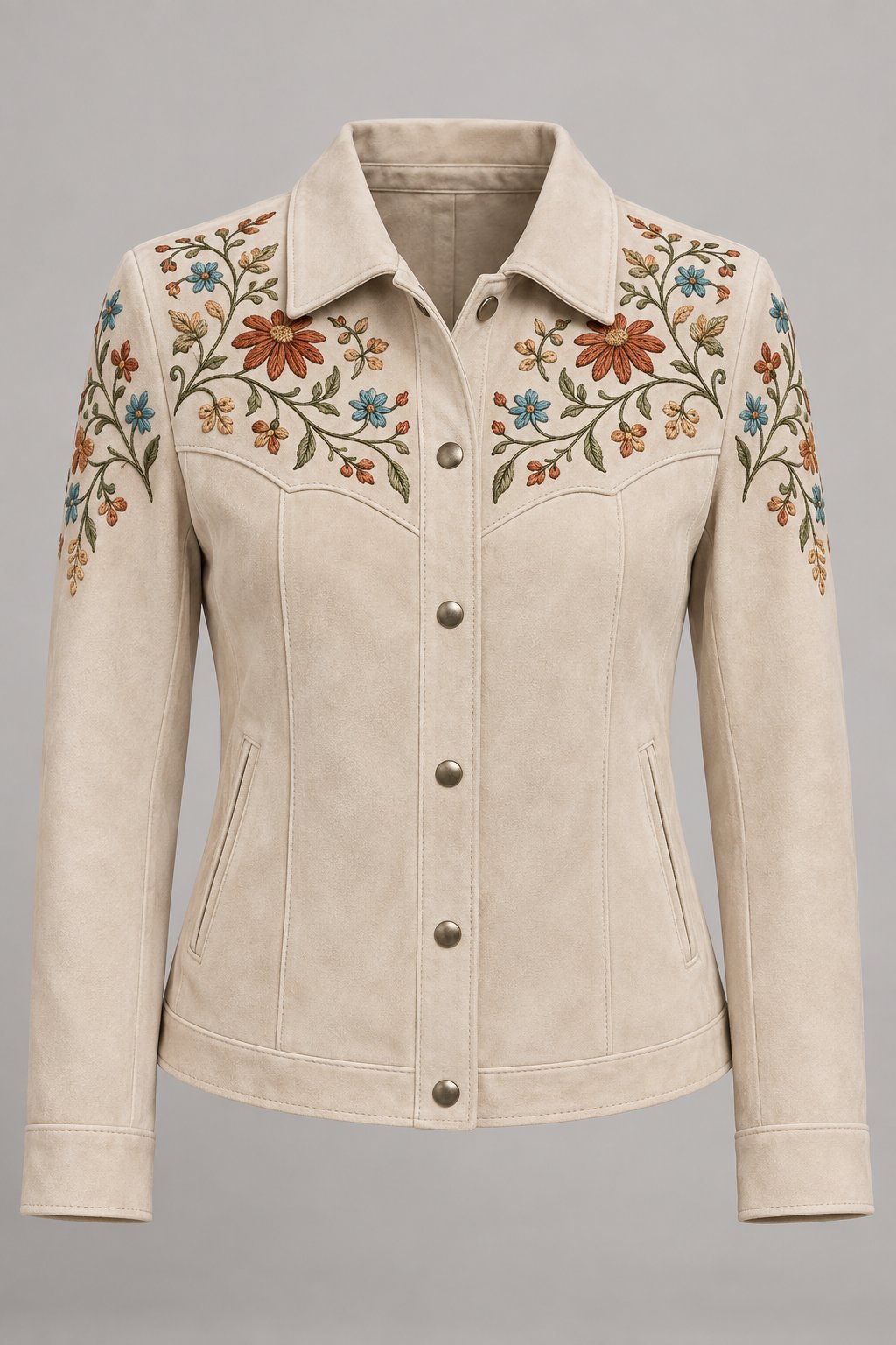 Hand-Embroidered Suede Jacket in Bone lamb suede, front view with floral chain-stitch embroidery on the yoke