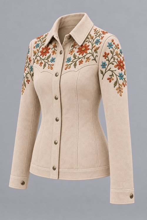 Hand-Embroidered Suede Jacket in Bone lamb suede, three-quarter view of the embroidered shoulder
