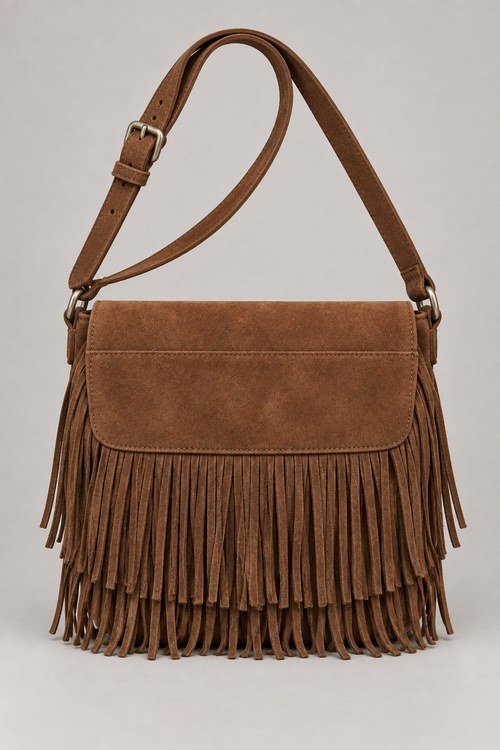 Fringe Crossbody Bag in Tobacco goat suede, back view