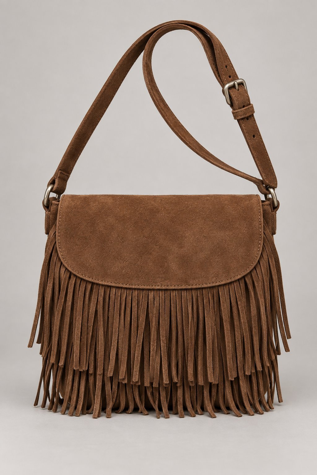 Fringe Crossbody Bag in Tobacco goat suede, front view with flap and two tiers of fringe