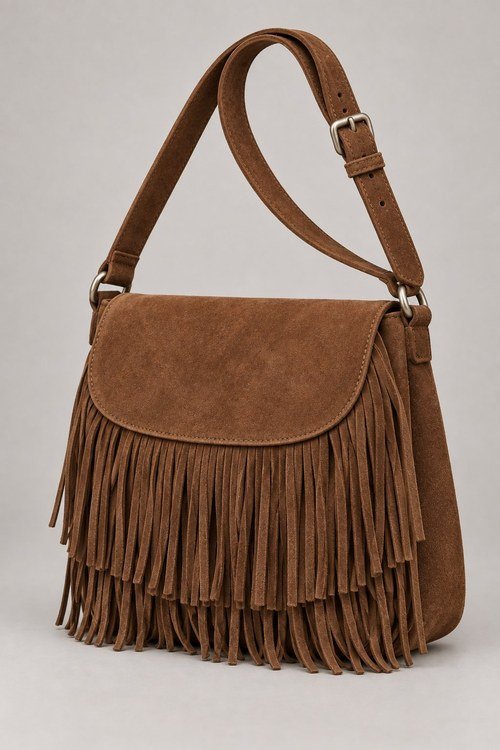 Fringe Crossbody Bag in Tobacco goat suede, three-quarter view showing the side gusset