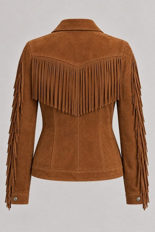 Classic Fringe Suede Jacket in Tobacco lamb suede, back view with pointed yoke and long fringe
