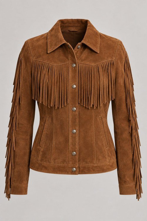 Classic Fringe Suede Jacket in Tobacco lamb suede, front view with yoke and sleeve fringe and snap front