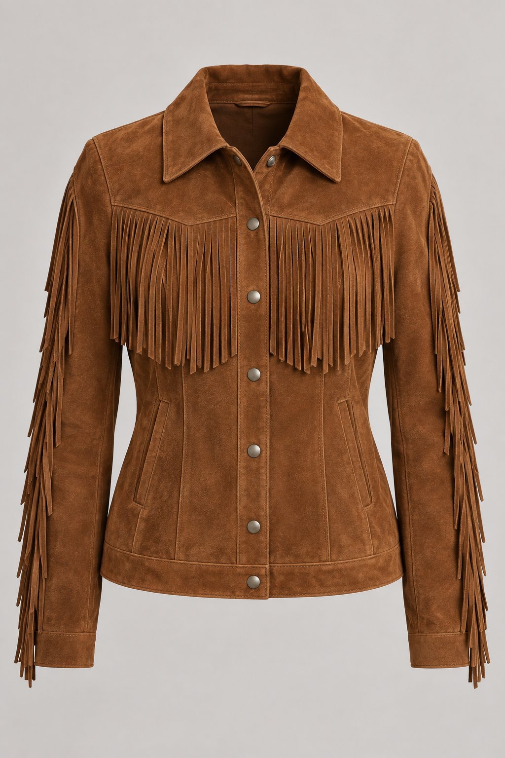 Classic Fringe Suede Jacket in Tobacco lamb suede, front view with yoke and sleeve fringe and snap front