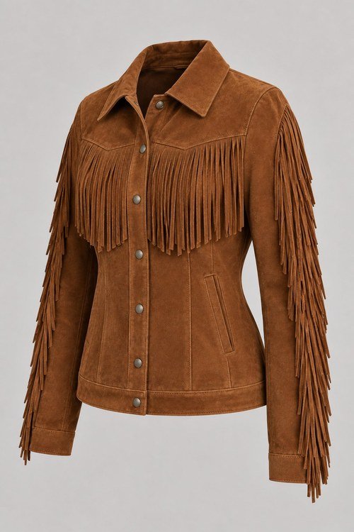 Classic Fringe Suede Jacket in Tobacco lamb suede, three-quarter view showing the sleeve fringe