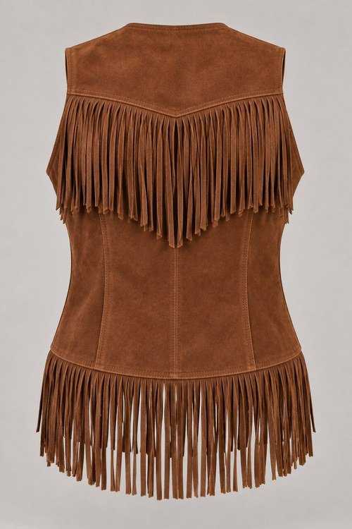 Suede Fringe Vest in Tobacco goat suede, back view with yoke fringe and fringed hem