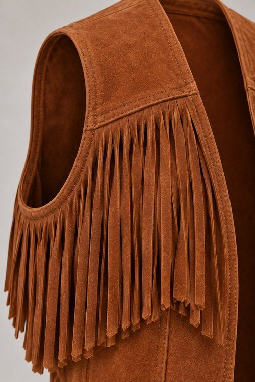 Close-up of the Suede Fringe Vest's armhole and yoke fringe