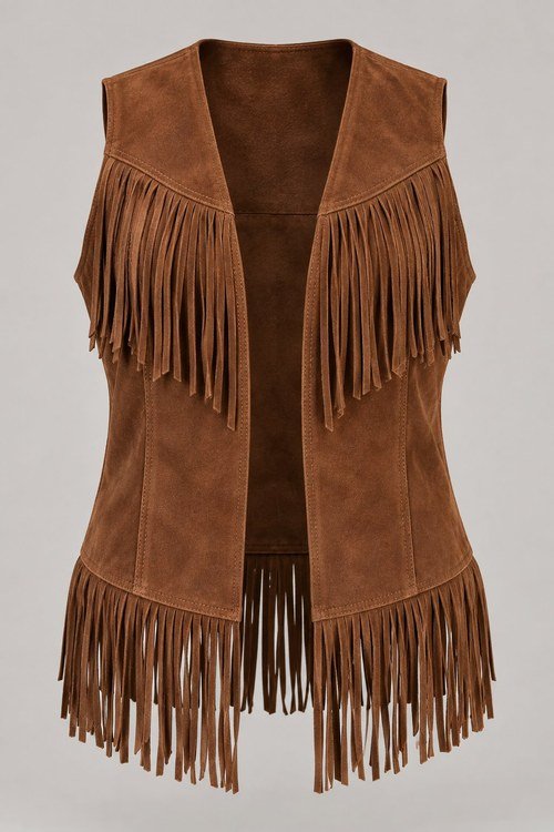 Suede Fringe Vest in Tobacco goat suede, front view with open front and long fringe