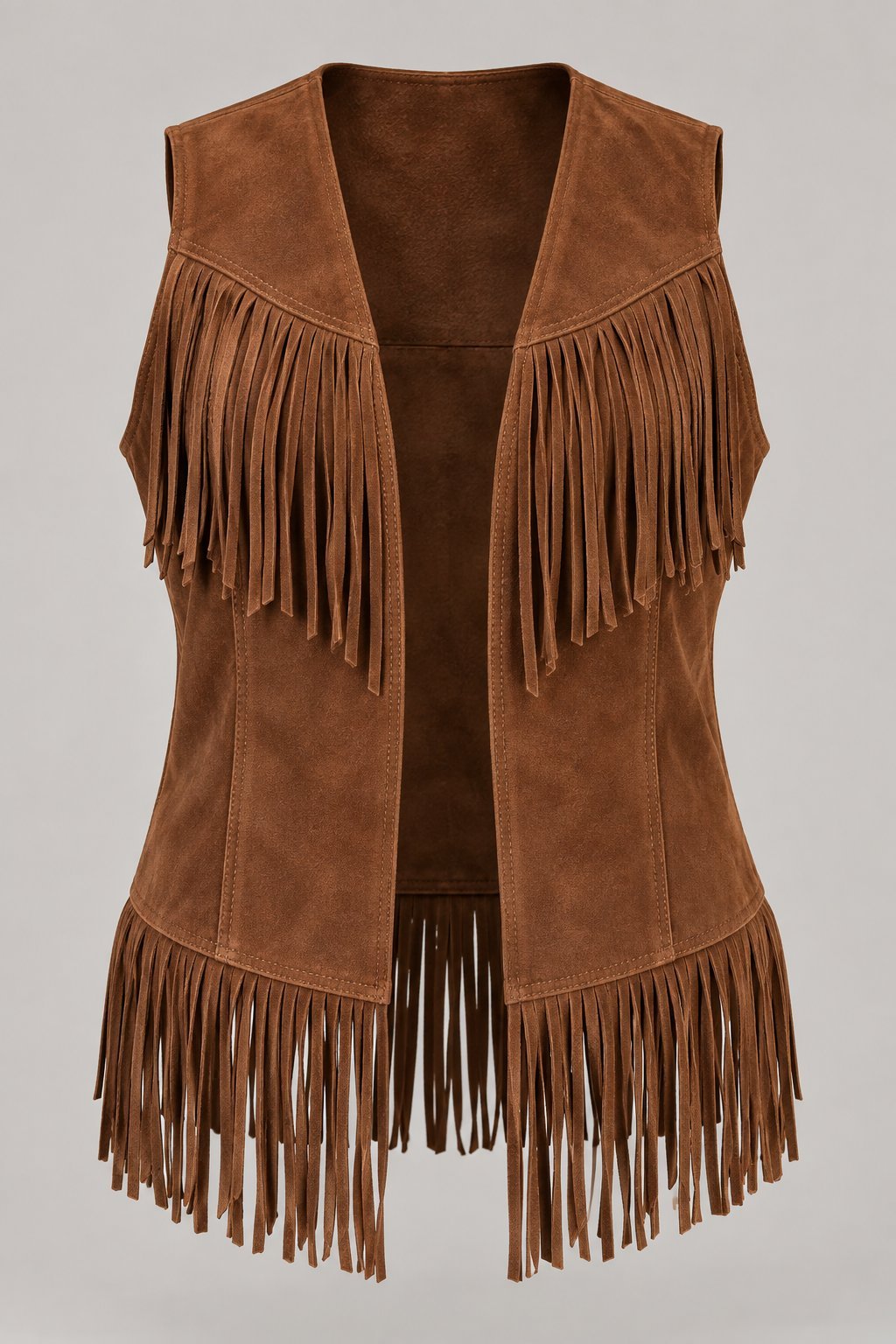 Suede Fringe Vest in Tobacco goat suede, front view with open front and long fringe