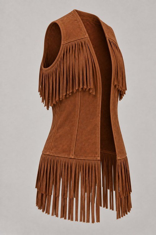 Suede Fringe Vest in Tobacco goat suede, three-quarter view