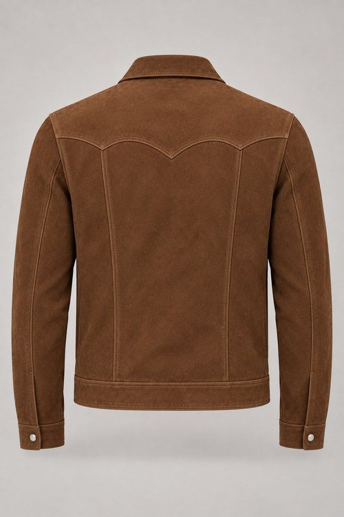 Western Suede Trucker in Tobacco cow suede, back view with pointed Western yoke