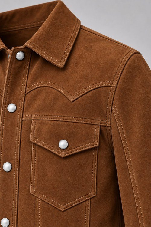 Close-up of the Western Suede Trucker's pointed yoke, flap pocket and pearl snaps