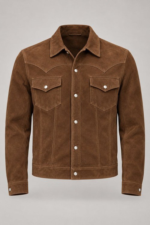 Western Suede Trucker in Tobacco cow suede, front view with pointed yokes and pearl snaps