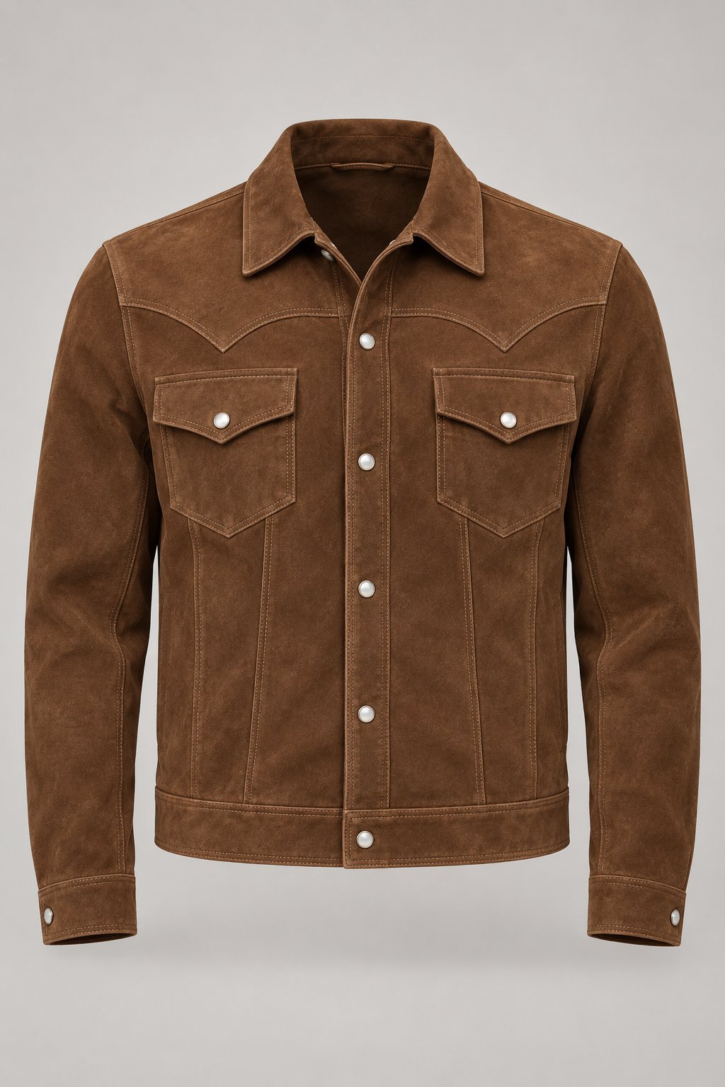 Western Suede Trucker in Tobacco cow suede, front view with pointed yokes and pearl snaps