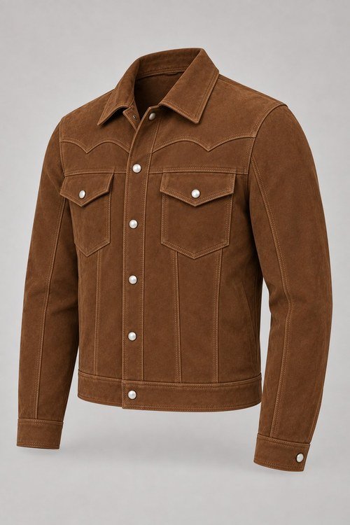 Western Suede Trucker in Tobacco cow suede, three-quarter view